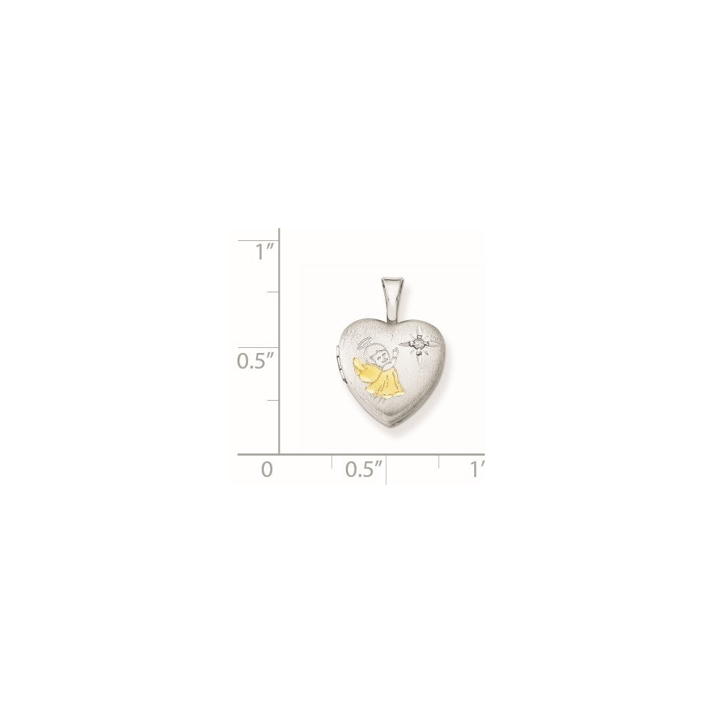 Sterling Silver Rhodium & Gold-plated & Diamond Angel 12mm Heart Locket