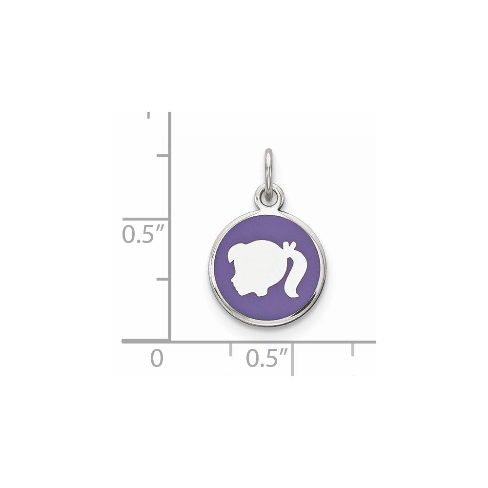 Sterling Silver Rhod-plate Purple Enamel Left Facing Girl Head Disc Charm