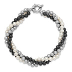Majestik Sterling Silver Rhodium-plated 3 Row 4-5mm White Grey Black Imitation Shell Pearl Hand-knotted Bracelet