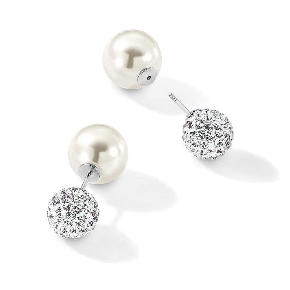 Majestik Sterling Silver Rhodium-plated 10-11mm and 12-13mm CZ and White Imitation Shell Pearl Front Back Post Earrings