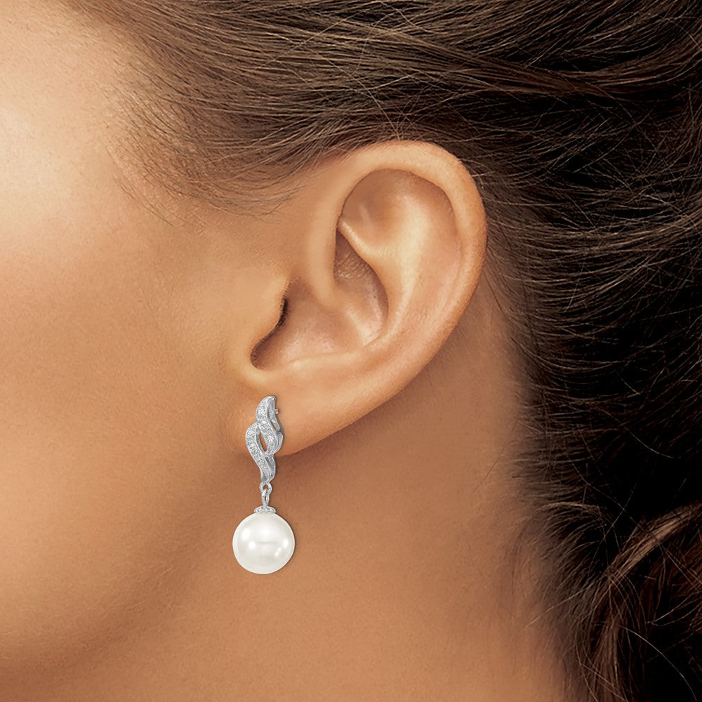 Majestik Sterling Silver Rhodium-plated 10-11mm White Imitation Shell Pearl and CZ Dangle Earrings