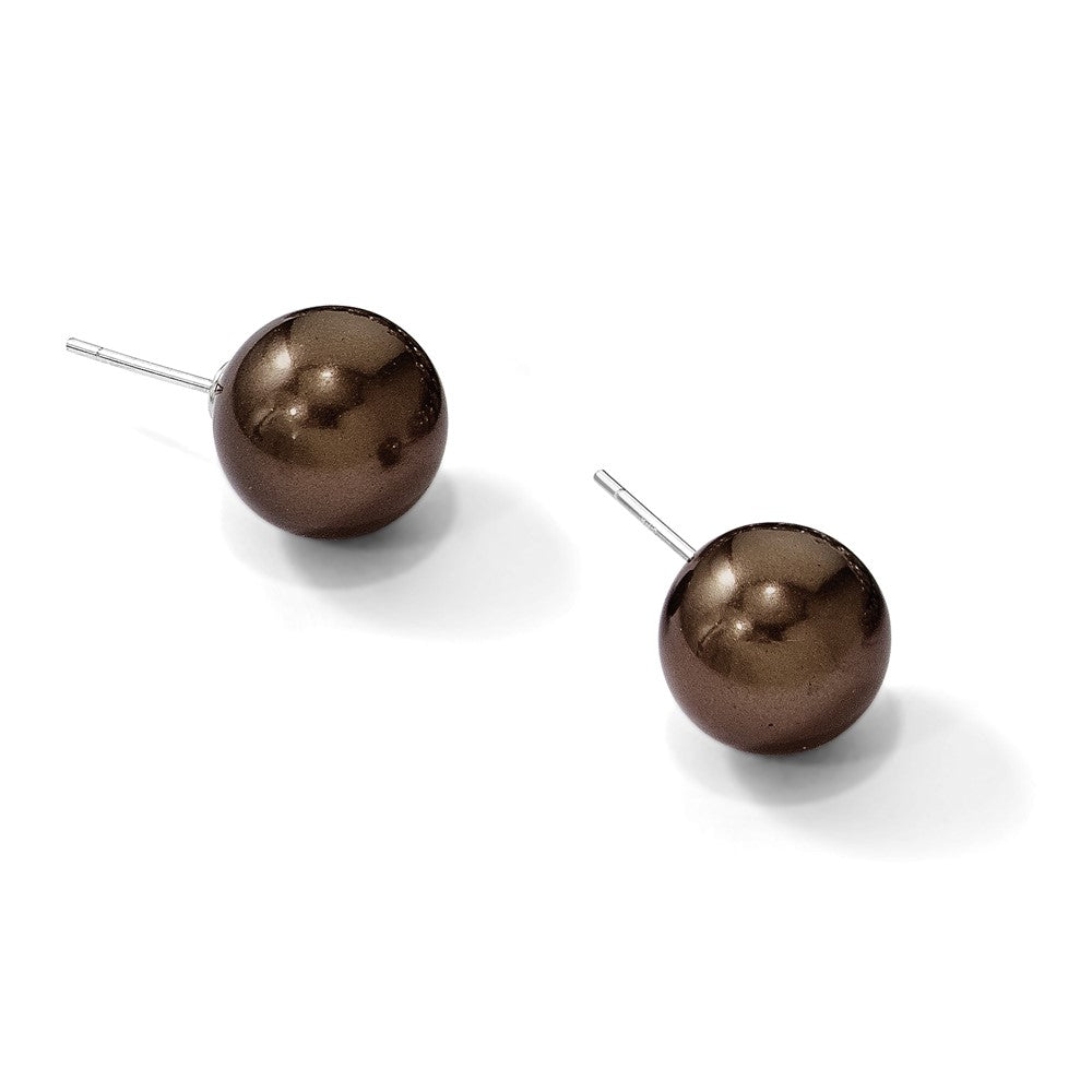 Majestik Sterling Silver Rhodium-plated 10-11mm Brown Imitation Shell Pearl Stud Earrings