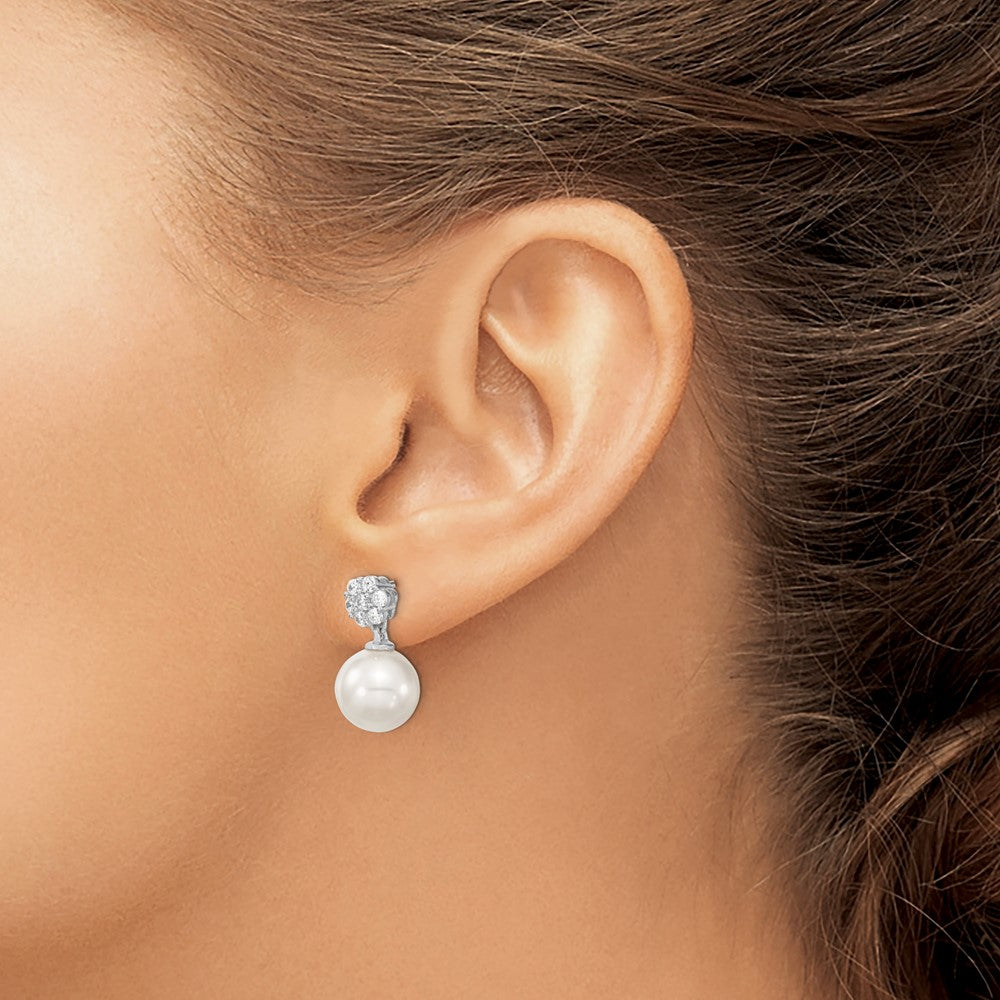 Majestik Sterling Silver Rhodium-plated 10-11mm White Imitation Shell Pearl CZ Post Dangle Earrings