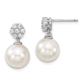 Majestik Sterling Silver Rhodium-plated 10-11mm White Imitation Shell Pearl CZ Post Dangle Earrings