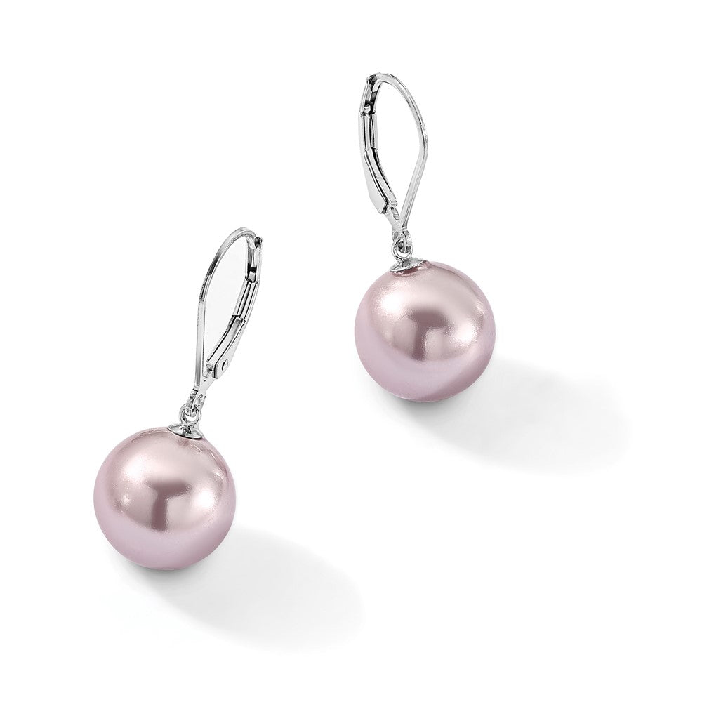 Majestik Sterling Silver Rhodium-plated 12-13mm Purple Imitation Shell Pearl Leverback Dangle Earrings