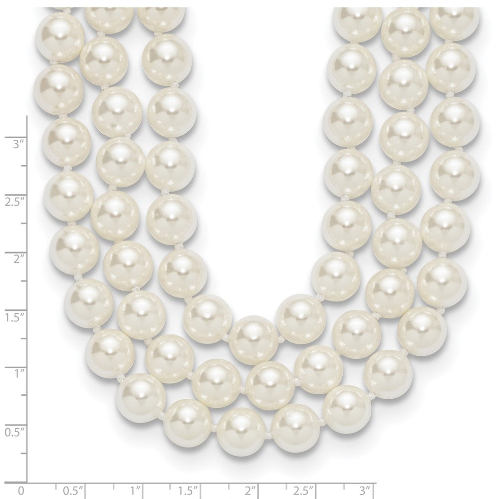 Majestik Sterling Silver Rhodium-plated 3 Row 10-11mm White Imitation Shell Pearl Hand-knotted Necklace