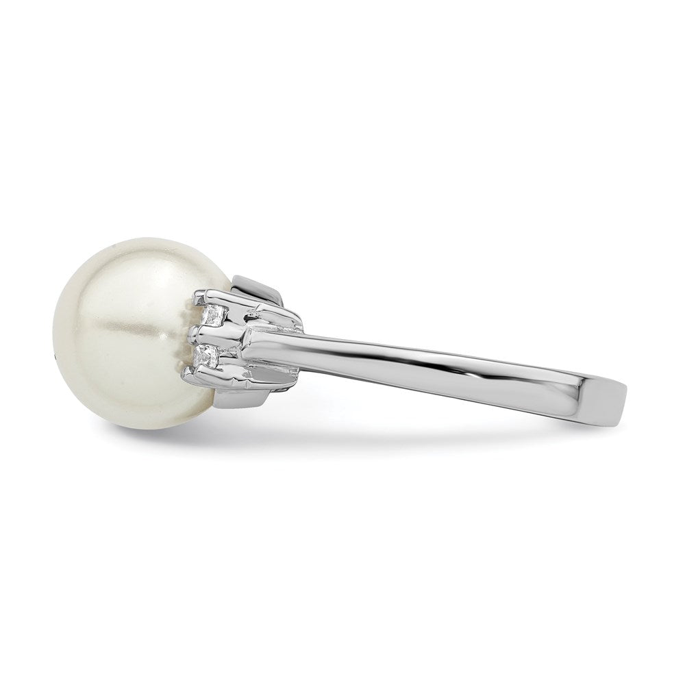 Majestik Sterling Silver Rhodium-plated 10-11mm White Imitation Shell Pearl and CZ Ring