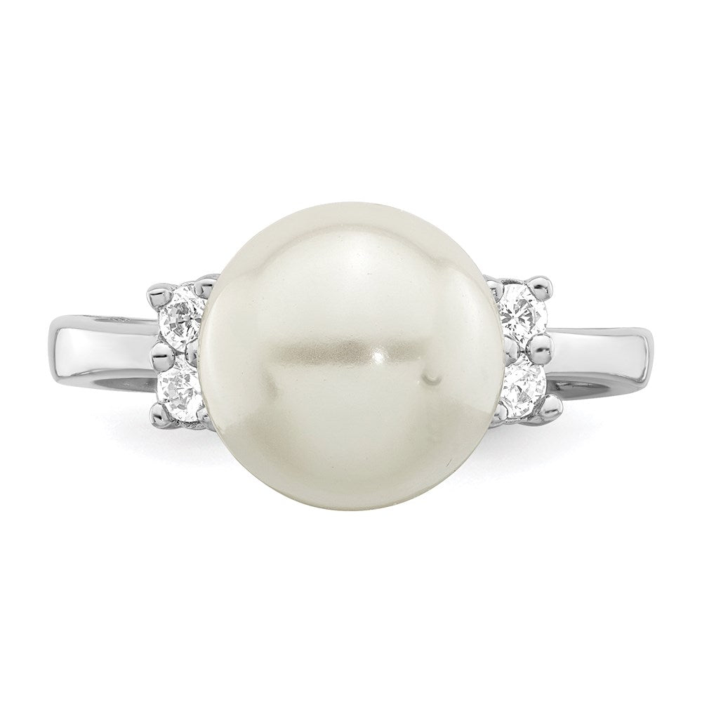 Majestik Sterling Silver Rhodium-plated 10-11mm White Imitation Shell Pearl and CZ Ring