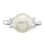 Majestik Sterling Silver Rhodium-plated 10-11mm White Imitation Shell Pearl and CZ Ring