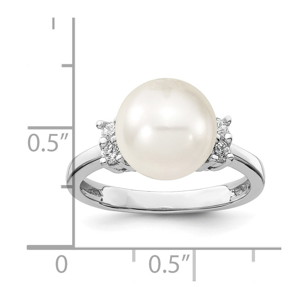 Majestik Sterling Silver Rhodium-plated 10-11mm White Imitation Shell Pearl and CZ Ring