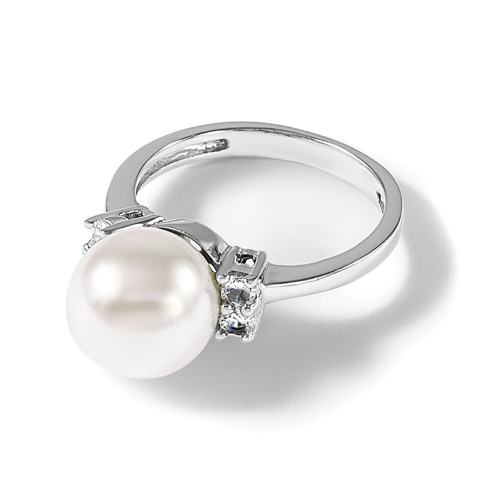 Majestik Sterling Silver Rhodium-plated 10-11mm White Imitation Shell Pearl and CZ Ring