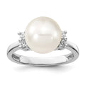 Majestik Sterling Silver Rhodium-plated 10-11mm White Imitation Shell Pearl and CZ Ring