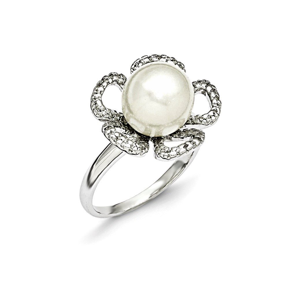 Sterling Silver Majestik 10-11mm White Shell Bead & CZ Ring