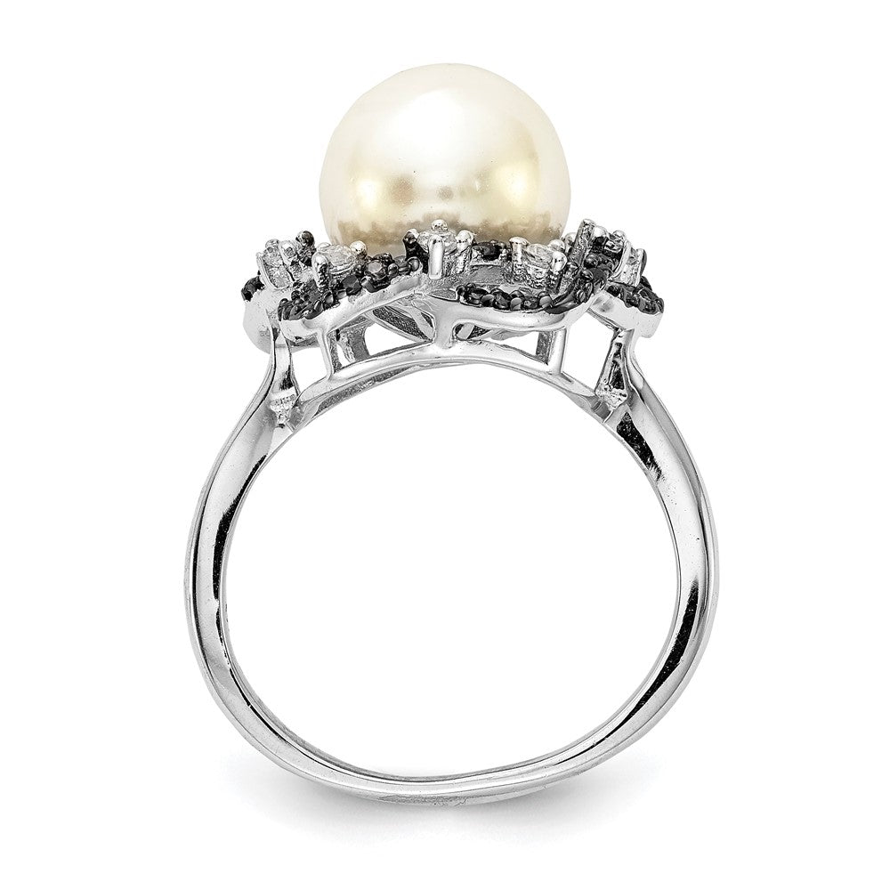 Sterling Silver Majestik Rh-pl 10-11mm Imitat Shell Pearl Blk & Wht CZ Ring