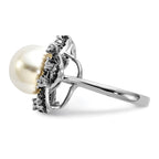 Sterling Silver Majestik Rh-pl 10-11mm Imitat Shell Pearl Blk & Wht CZ Ring