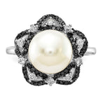 Sterling Silver Majestik Rh-pl 10-11mm Imitat Shell Pearl Blk & Wht CZ Ring