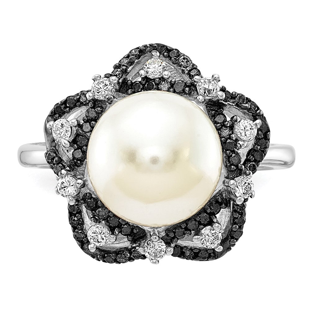 Sterling Silver Majestik Rh-pl 10-11mm Imitat Shell Pearl Blk & Wht CZ Ring