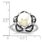 Sterling Silver Majestik Rh-pl 10-11mm Imitat Shell Pearl Blk & Wht CZ Ring