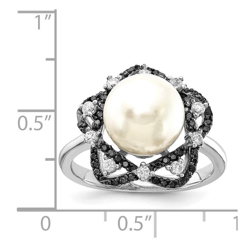 Sterling Silver Majestik Rh-pl 10-11mm Imitat Shell Pearl Blk & Wht CZ Ring