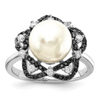 Sterling Silver Majestik Rh-pl 10-11mm Imitat Shell Pearl Blk & Wht CZ Ring