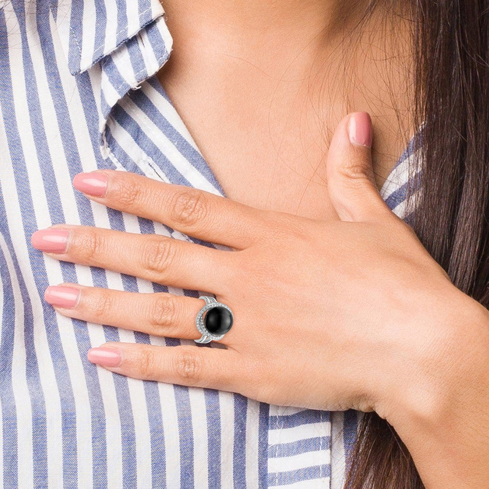 Majestik Sterling Silver Rhodium-plated 12-13mm Black Imitation Shell Pearl and CZ Ring