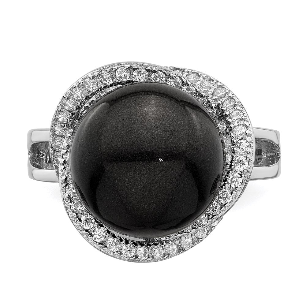 Majestik Sterling Silver Rhodium-plated 12-13mm Black Imitation Shell Pearl and CZ Ring