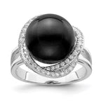 Majestik Sterling Silver Rhodium-plated 12-13mm Black Imitation Shell Pearl and CZ Ring