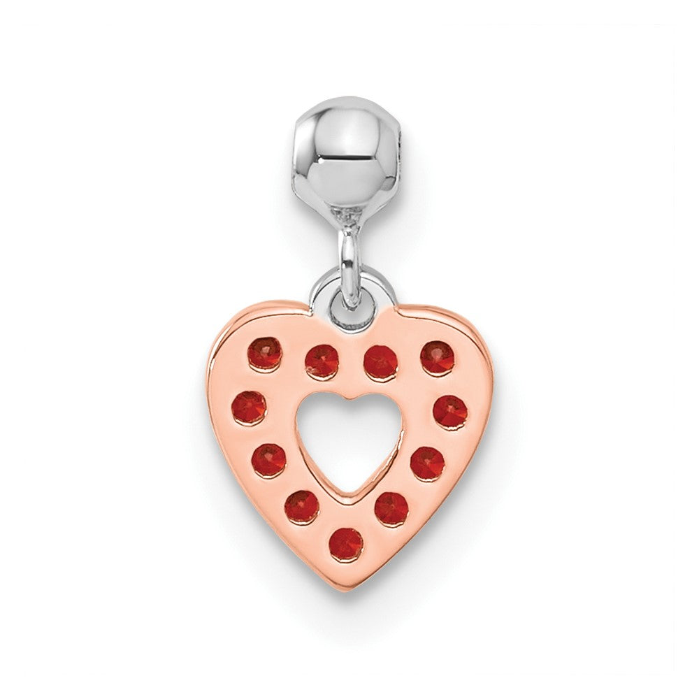 Mio Memento Sterling Silver Rose-tone Red CZ Dangle Heart Charm