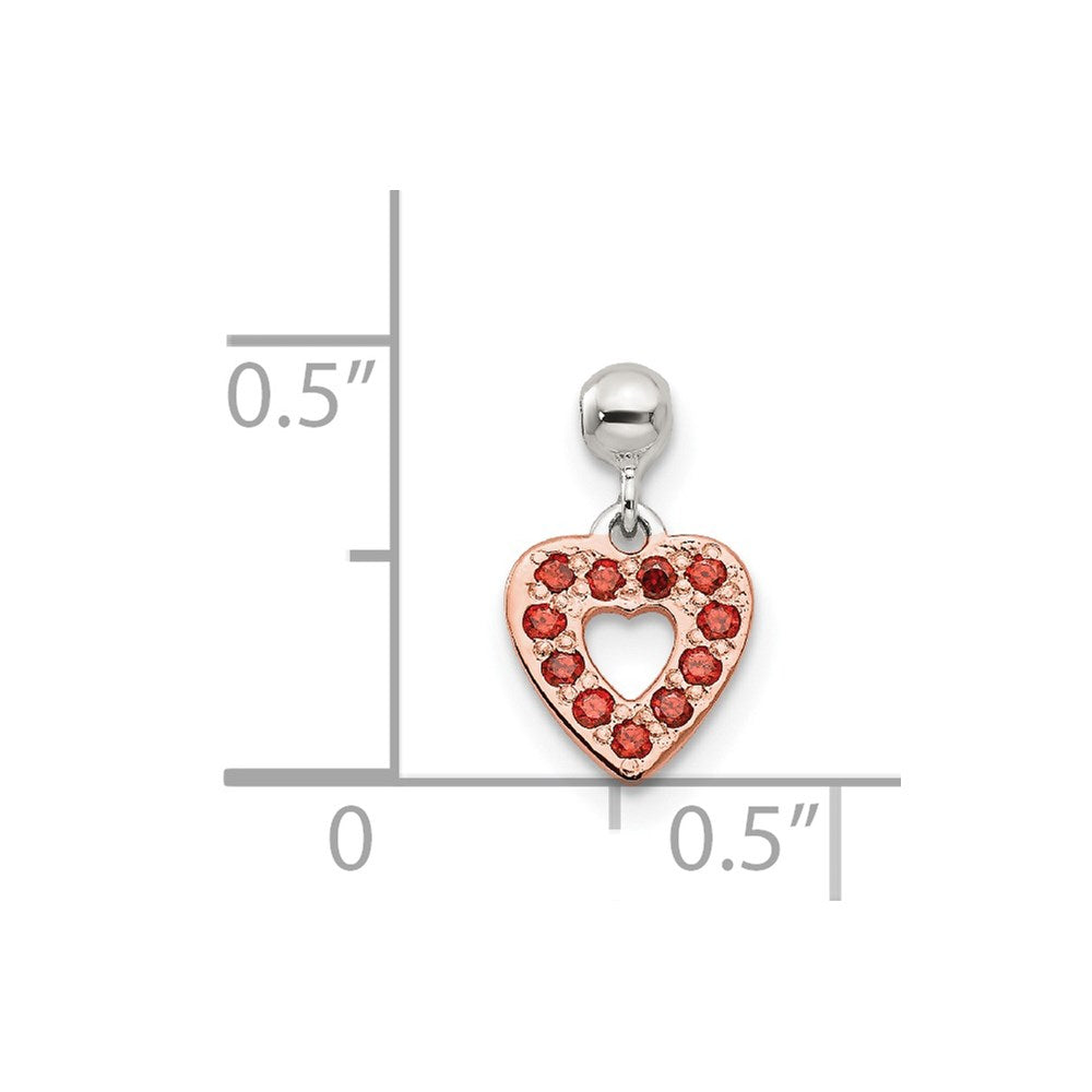 Mio Memento Sterling Silver Rose-tone Red CZ Dangle Heart Charm