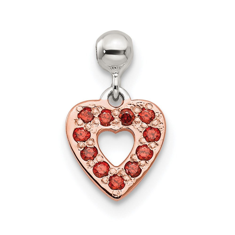 Mio Memento Sterling Silver Rose-tone Red CZ Dangle Heart Charm