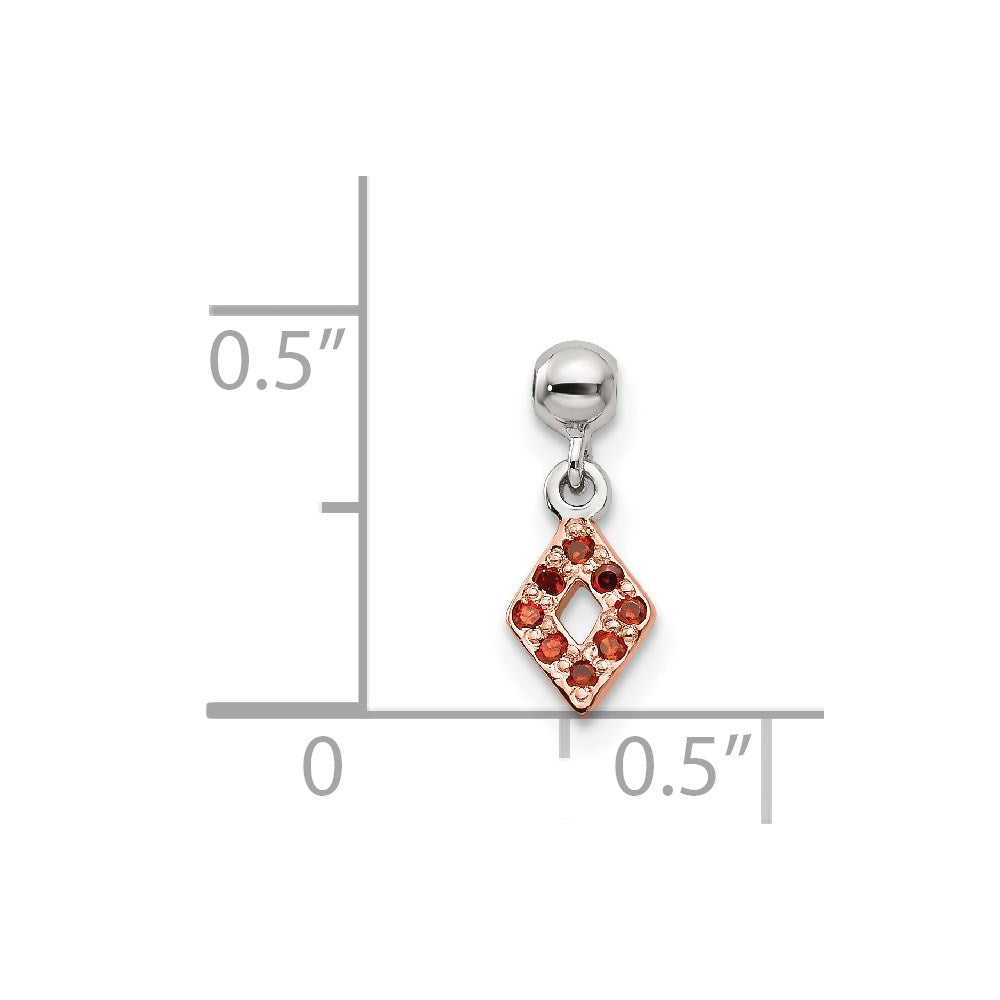 Mio Memento Sterling Silver Rose-tone Red CZ Dangle Diamond Shaped Charm