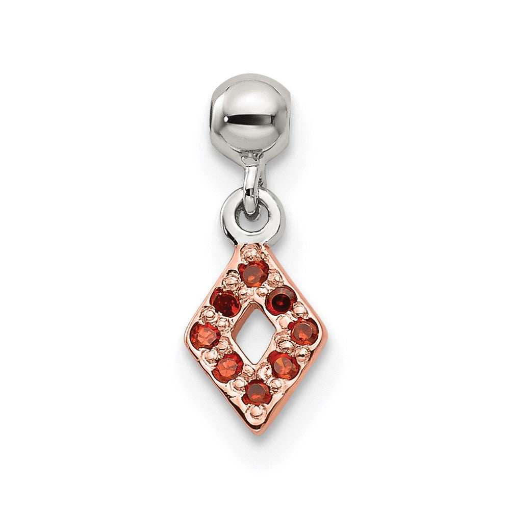 Mio Memento Sterling Silver Rose-tone Red CZ Dangle Diamond Shaped Charm