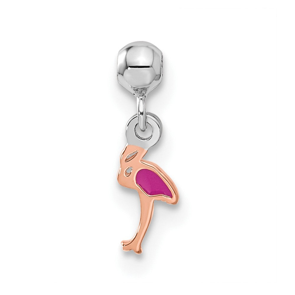 Mio Memento Sterling Silver Rhodium-plated Rose-tone Enamel Dangle Flamingo Charm