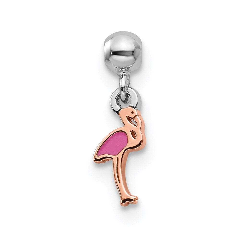 Mio Memento Sterling Silver Rhodium-plated Rose-tone Enamel Dangle Flamingo Charm