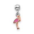 Mio Memento Sterling Silver Rhodium-plated Rose-tone Enamel Dangle Flamingo Charm