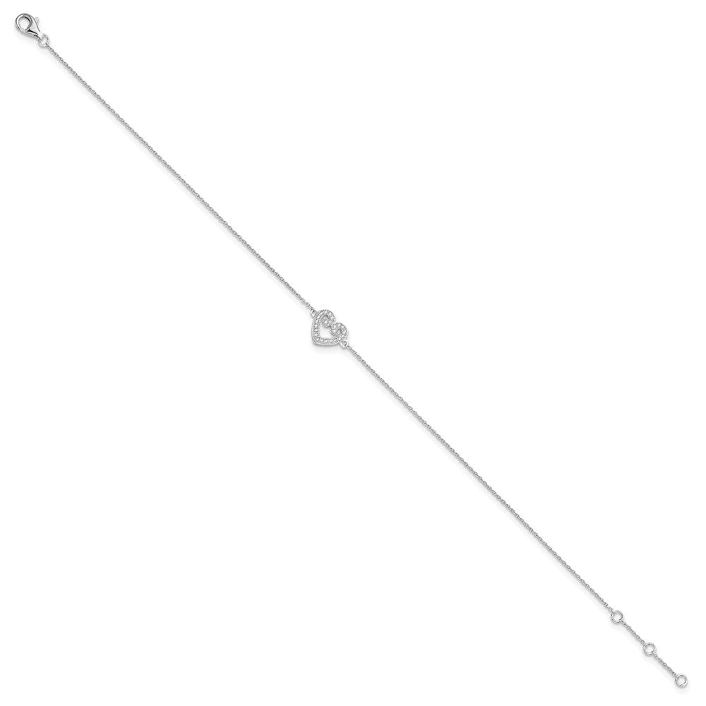 Brilliant Embers Sterling Silver Rhodium-plated 23 Stone 9 inch Micro Pav‚ CZ Heart Anklet with 1 Inch Extender