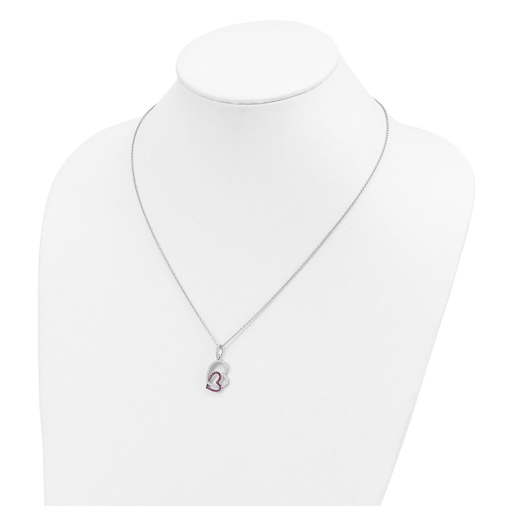 Brilliant Embers Sterling Silver Rhodium-plated 62 Stone 18 inch Micro Pav‚ Red and White CZ Heart Necklace with 2 Inch Extender