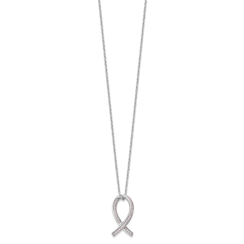 Brilliant Embers Sterling Silver Rhodium-plated 38 Stone 18 inch Micro Pav‚ Pink CZ Awareness Ribbon Necklace with 2 Inch Extender