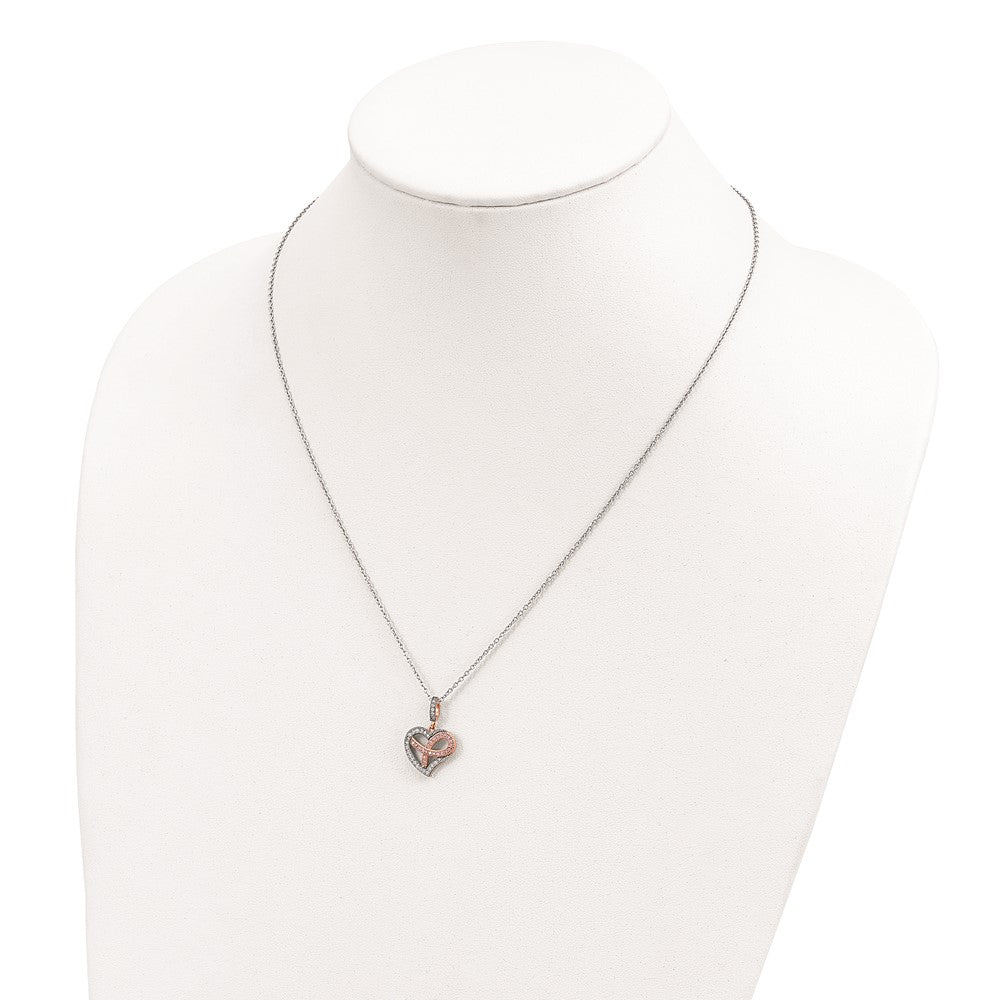 Brilliant Embers Sterling Silver Rose Gold-plated Rhodium-plated 49 Stone 18 inch Micro Pav‚ CZ Polished Heart Necklace with 2 Inch Extender