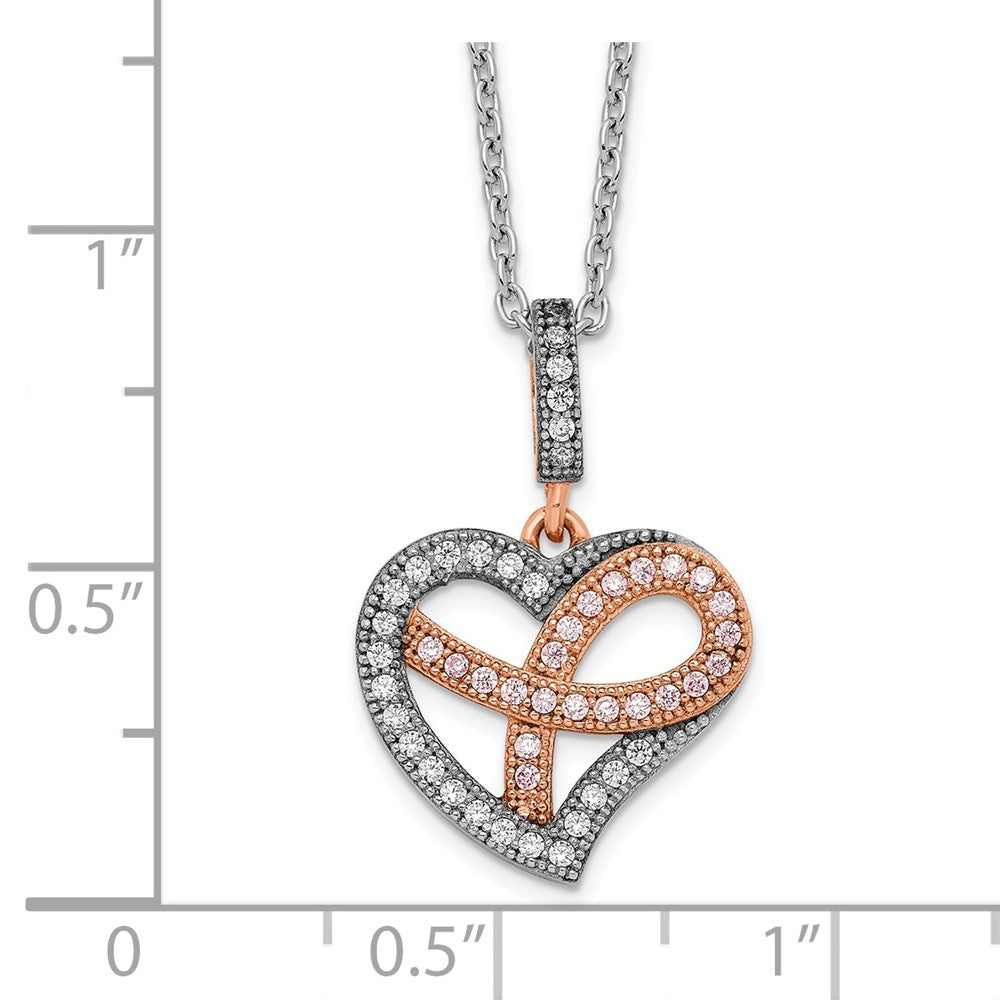 Brilliant Embers Sterling Silver Rose Gold-plated Rhodium-plated 49 Stone 18 inch Micro Pav‚ CZ Polished Heart Necklace with 2 Inch Extender