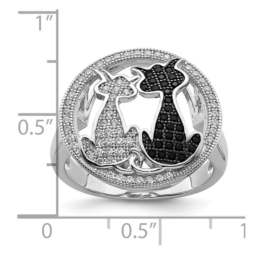Brilliant Embers Sterling Silver Rhodium-plated 87 Stone Micro Pav‚ Black and White CZ Polished Cat Ring