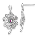 Sterling Silver Rhod-plated CZ & Red Corundum Four Leaf Clover Earrings