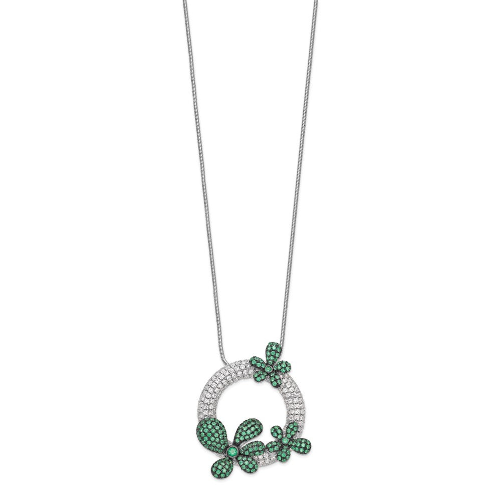 Brilliant Embers Sterling Silver Rhodium-plated 327 Stone 18 inch Micro Pav‚ White and Green CZ Flower Necklace with 2 Inch Extender