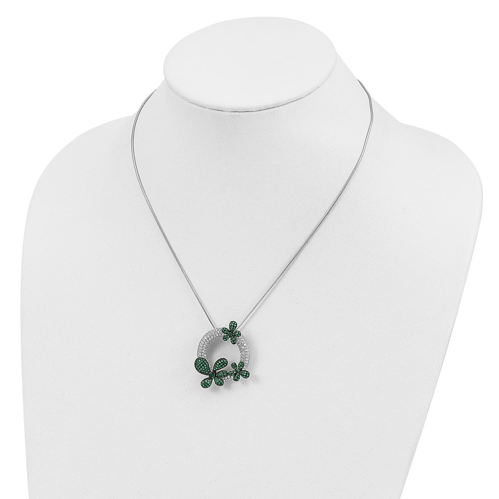 Brilliant Embers Sterling Silver Rhodium-plated 327 Stone 18 inch Micro Pav‚ White and Green CZ Flower Necklace with 2 Inch Extender