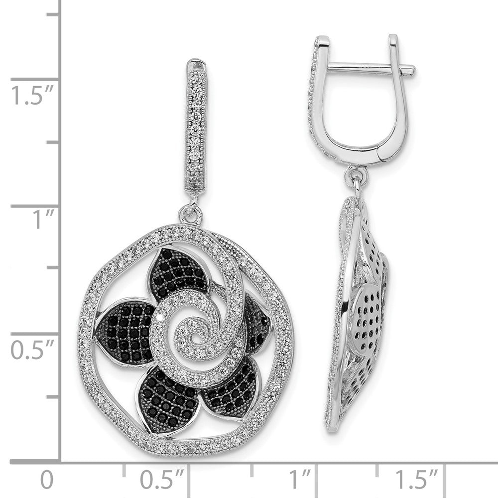 Sterling Silver True Fire Black & Clear CZ Flower Hinged Dangle Earrings