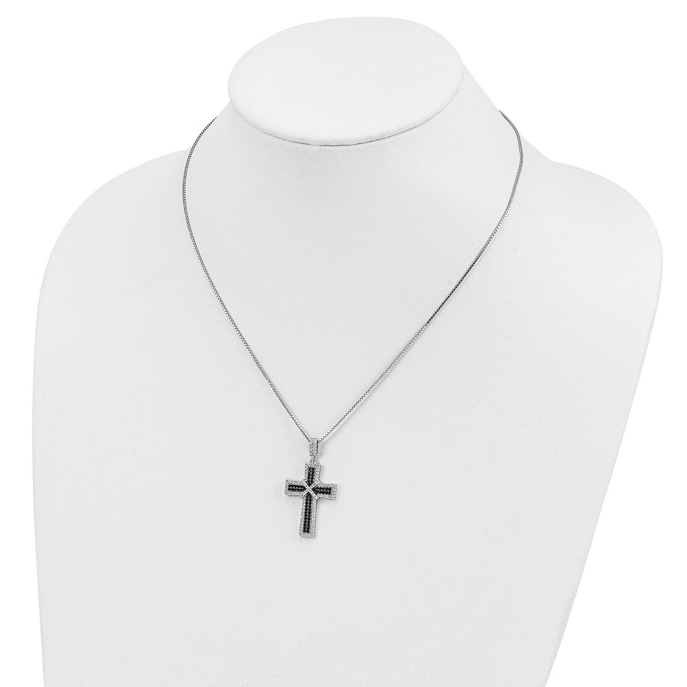 Brilliant Embers Sterling Silver Rhodium-plated 156 Stone 18 inch Black and White Micro Pav‚ CZ Polished Cross Necklace with 2 Inch Extender