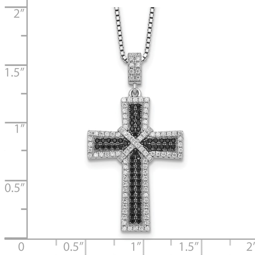 Brilliant Embers Sterling Silver Rhodium-plated 156 Stone 18 inch Black and White Micro Pav‚ CZ Polished Cross Necklace with 2 Inch Extender