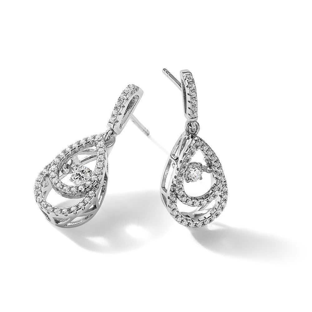 Brilliant Embers Sterling Silver Rhodium-plated 82 Stone CZ Moving Center Pear Shaped Vibrant CZ with Micro Pav‚ CZ Dangle Post Earrings