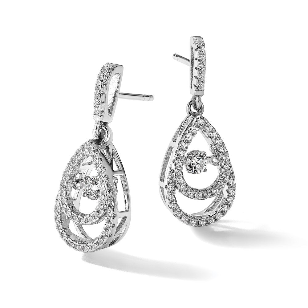 Brilliant Embers Sterling Silver Rhodium-plated 82 Stone CZ Moving Center Pear Shaped Vibrant CZ with Micro Pav‚ CZ Dangle Post Earrings