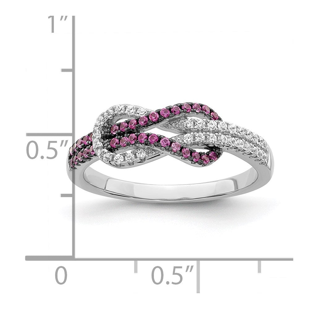 Brilliant Embers Sterling Silver Rhodium-plated 64 Stone Micro Pav‚ Red and White CZ Love Knot Ring